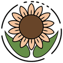 Logo de Héliana, boutique de crochet. Ce logo est composé d'un tournesol, de 2 feuilles à l'intérieur d'un cercle
